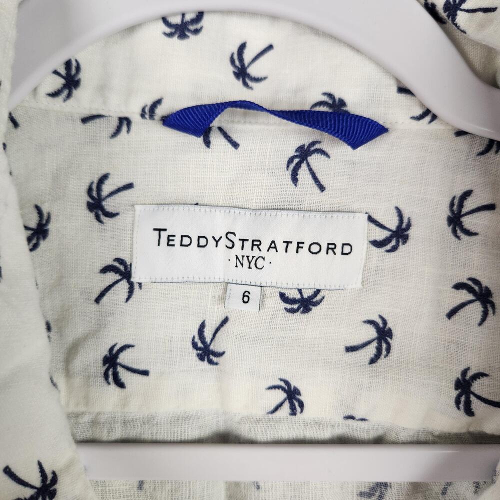 Teddy Stratford Shirt Mens 6 White Blue Palm Tree Graphic Linen Cotton Preppy